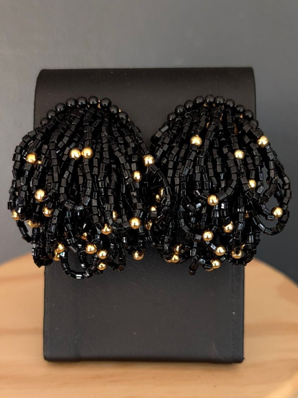 Vintage black bugle bead and gold beaded clip on earrings